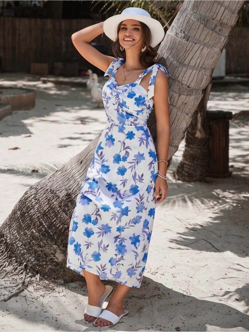 SHEIN White and Blue Floral Tie-Shoulder Ruched Sundress